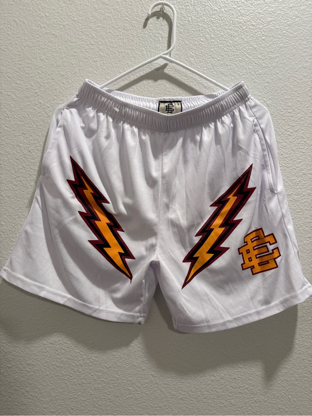 Eric Emanuel Men’s S White Mesh Polyester Graphic Logo Basketball Shorts